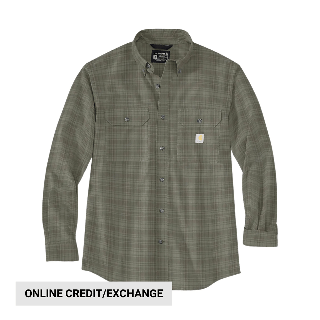 Plaid long-sleeve button-up shirt with chest pockets and a visible online credit/exchange label