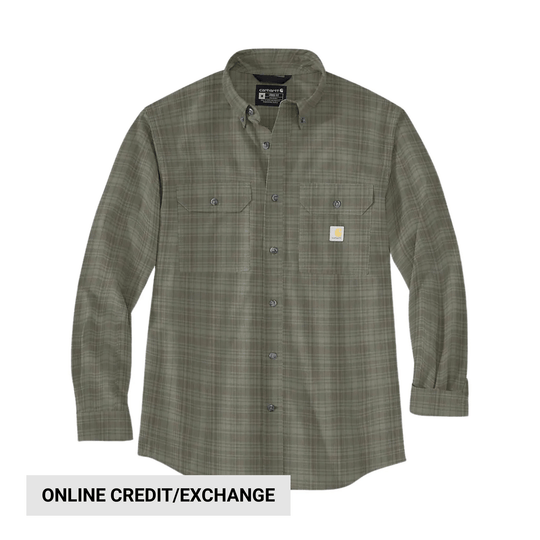 Plaid long-sleeve button-up shirt with chest pockets and a visible online credit/exchange label