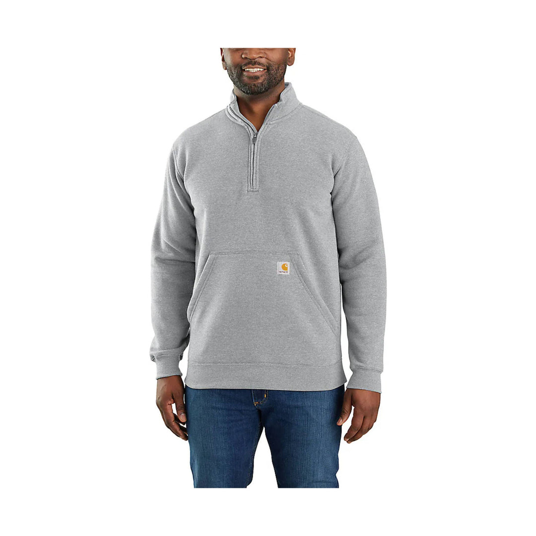 Gray quarter-zip sweatshirt with a front kangaroo pocket