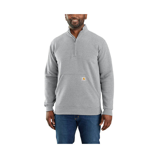 Gray quarter-zip sweatshirt with a front kangaroo pocket