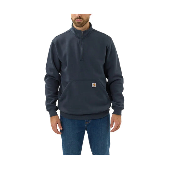 Dark navy quarter-zip pullover sweatshirt with a front kangaroo pocket and small chest logo patch