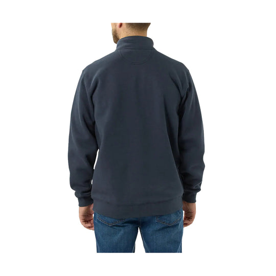 Dark navy quarter-zip pullover sweatshirt shown from the back on a model