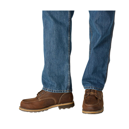 Blue jeans over brown leather moc-toe work boots, shown from side and front views