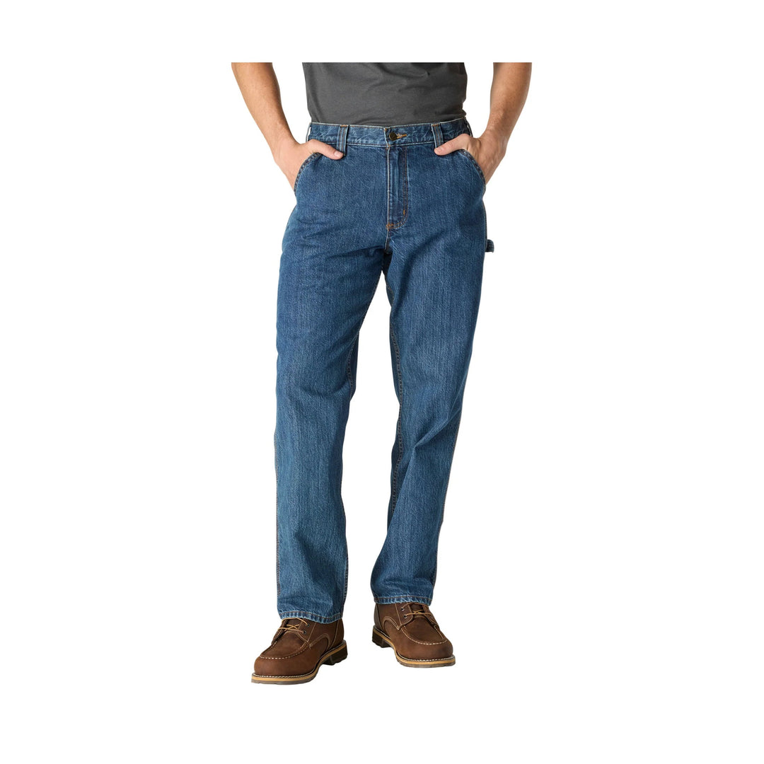 Blue straight-leg denim pants with hands in pockets, shown with brown work boots