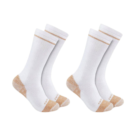Pair of white crew socks with tan heel and toe reinforcement and tan stripe near the cuff