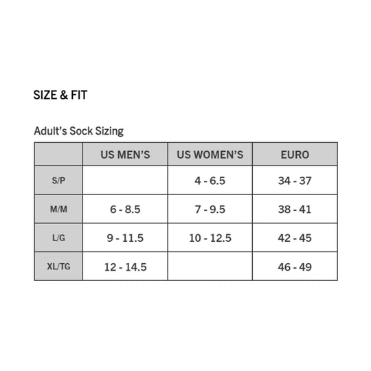 Size and fit chart for adult socks comparing US Men's, US Women's, and Euro sizes.