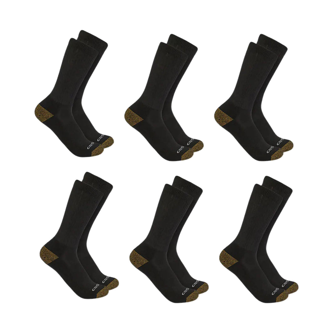 Six pairs of black crew socks with brown heel and toe sections