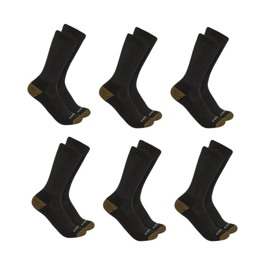 Six pairs of black crew socks with brown heel and toe sections