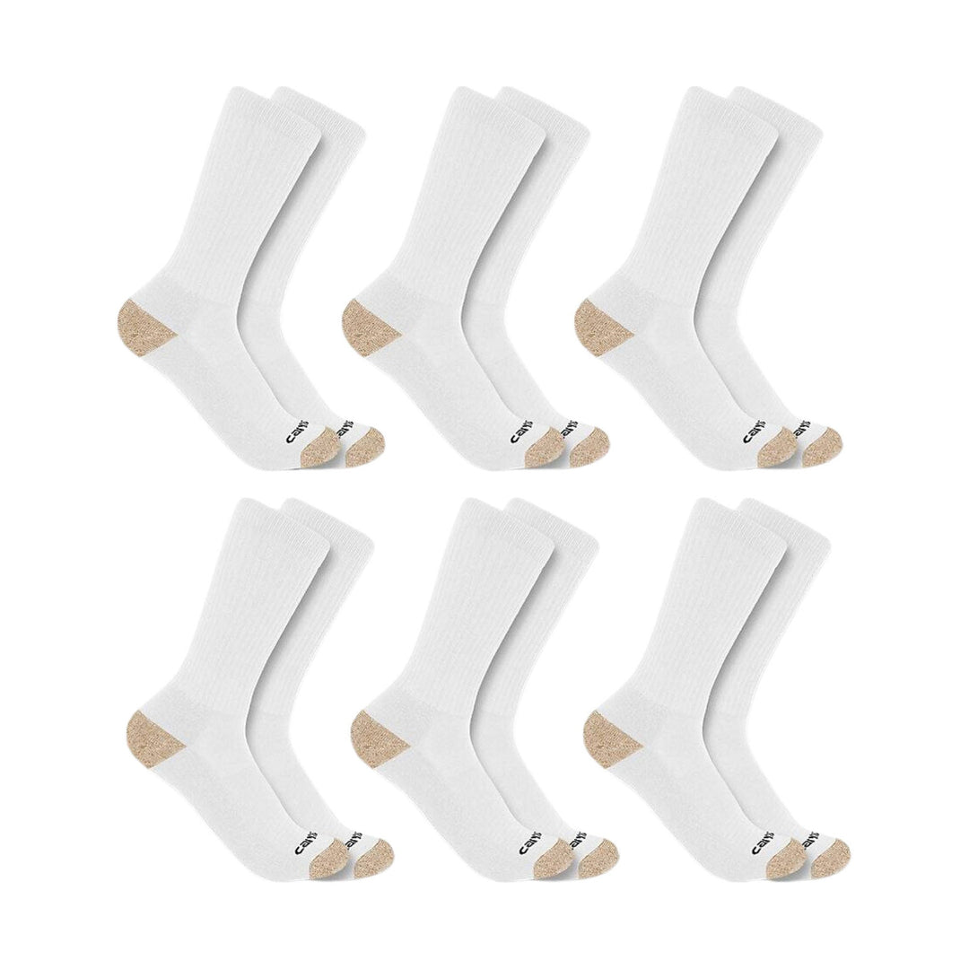 Six pairs of white crew socks with tan heel and toe reinforcement, shown in two rows.