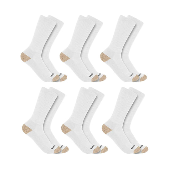 Six pairs of white crew socks with tan heel and toe reinforcement, shown in two rows.
