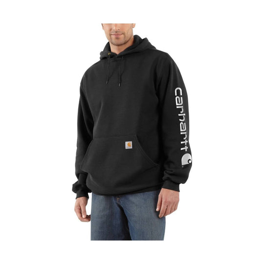 Black pullover hoodie with front kangaroo pocket and white sleeve logo
