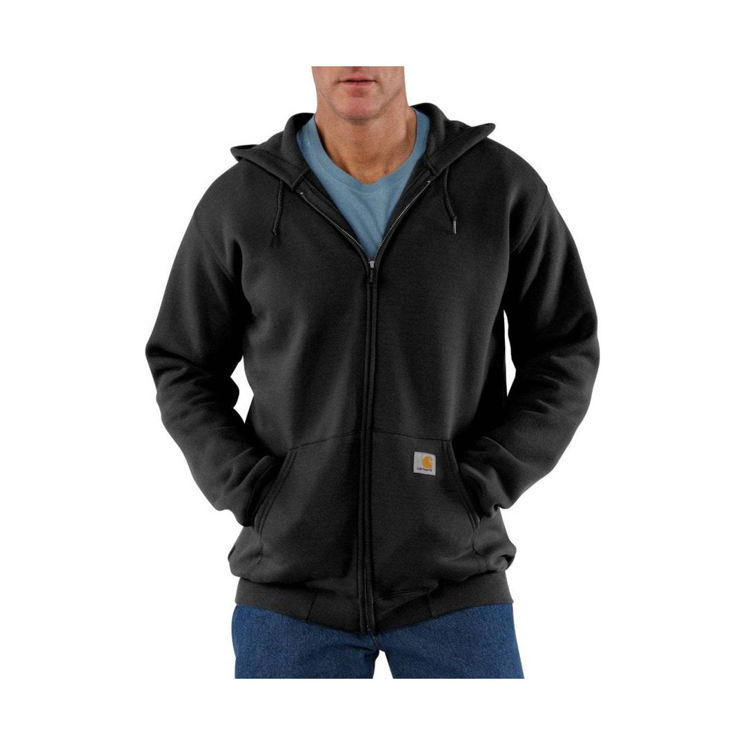 Person wearing a black hoodie with a visible brand logo on a white background