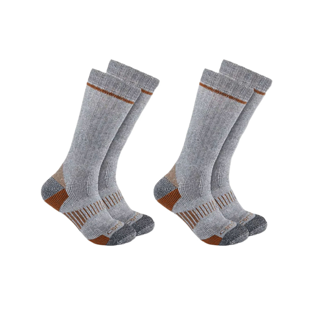 Two pairs of gray knee-high boot socks with brown and darker gray heel and toe accents