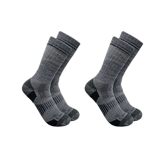 Pair of gray and black crew socks with cushioned heels and toes