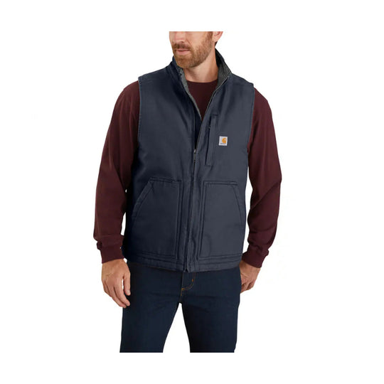 Navy insulated vest worn over a maroon long-sleeve shirt
