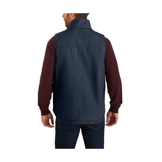 Navy sleeveless vest with a mock neck and high collar, shown from the back over a long-sleeve shirt