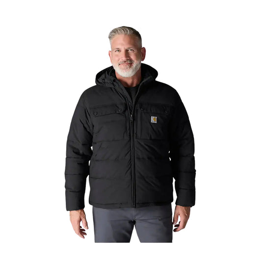 Black hooded insulated jacket with a front zipper and flap chest pockets