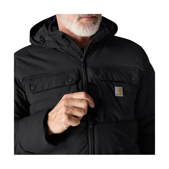 Black insulated hooded jacket with flap chest pockets and a front zipper