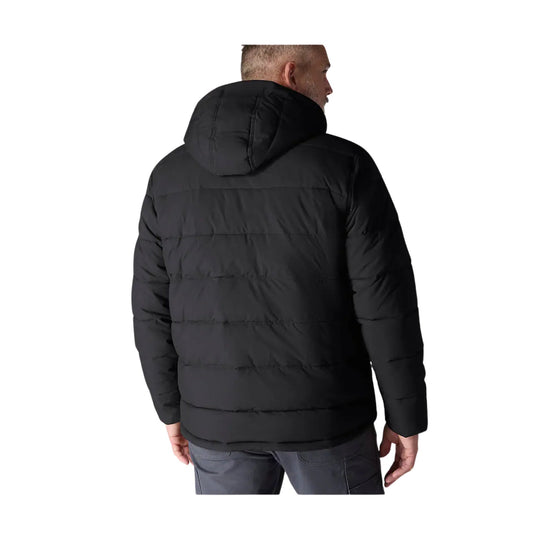 Black hooded puffer jacket shown from the back