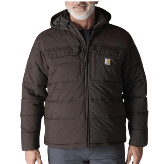 Dark brown hooded puffer jacket with front zipper, chest flap pockets, and a small logo patch