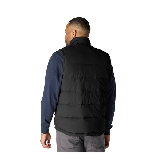 Black insulated puffer vest shown from the back over a navy long-sleeve shirt