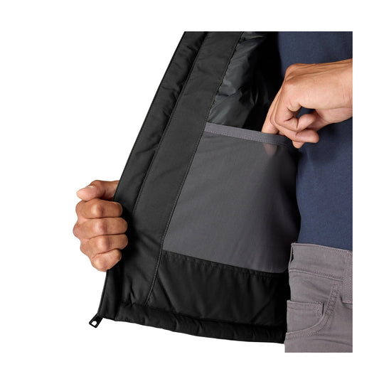 Black insulated vest opened to show gray lining and a mesh interior pocket