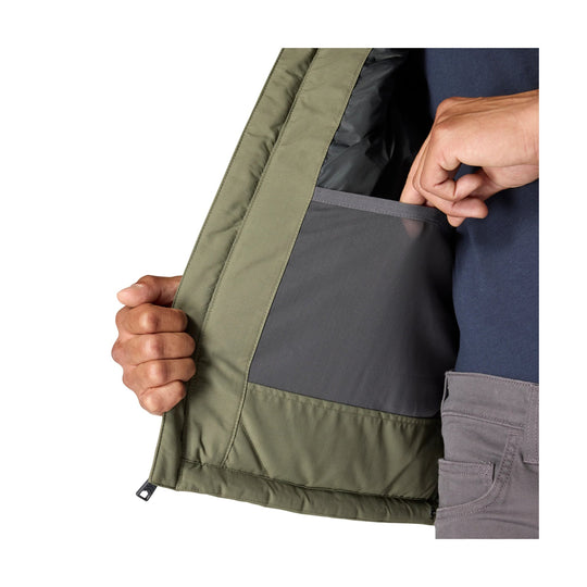 Olive insulated vest with black lining and mesh chest pocket, shown open with a hand pulling the pocket flap