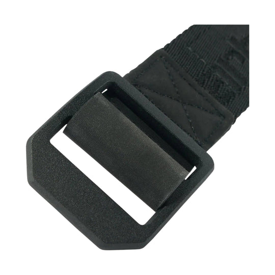 Black woven webbing belt with a matte rectangular buckle