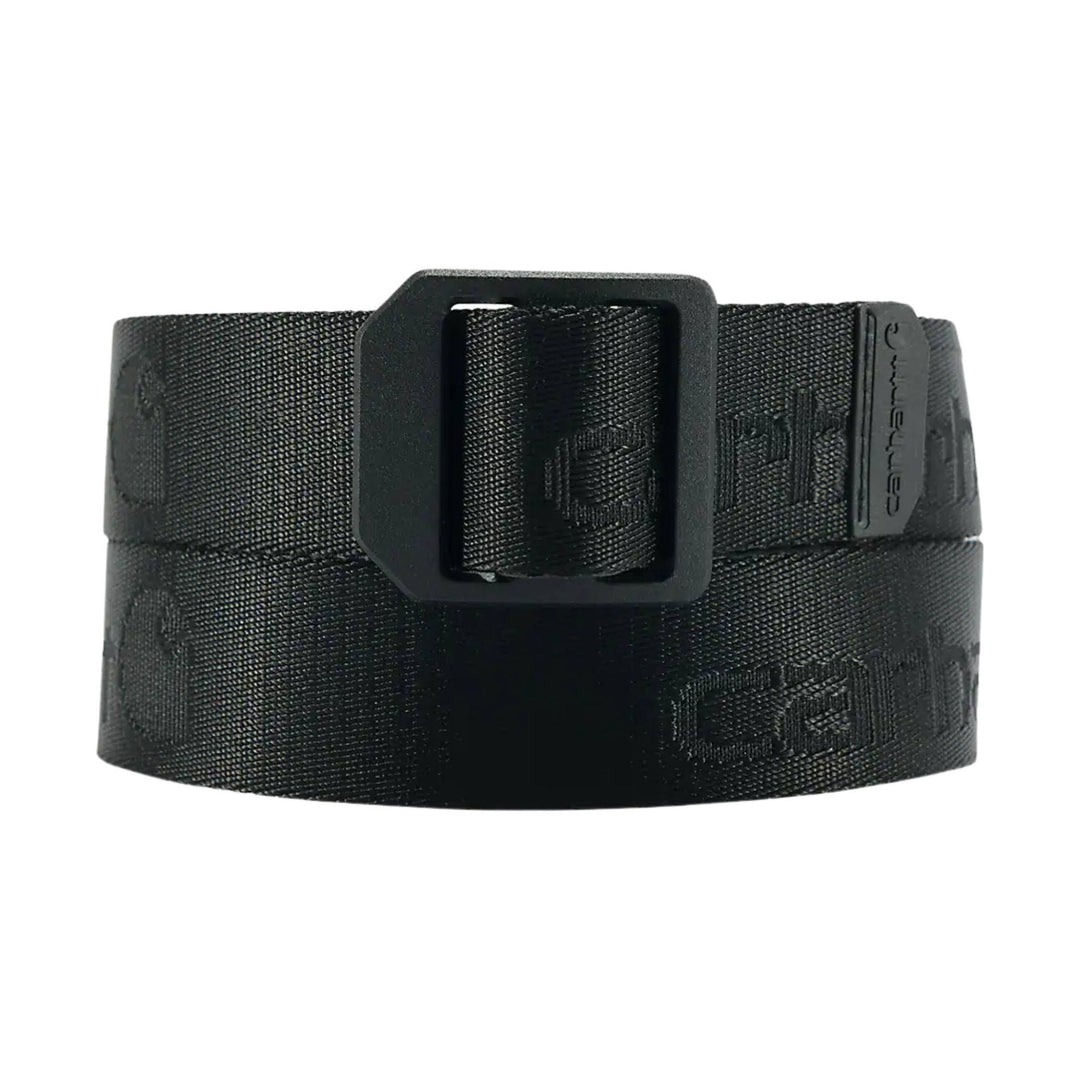 Black webbing belt with square buckle and visible logo tab