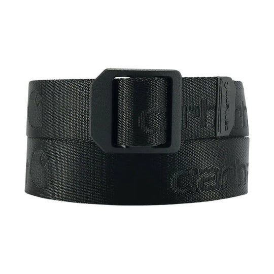 Black webbing belt with square buckle and visible logo tab