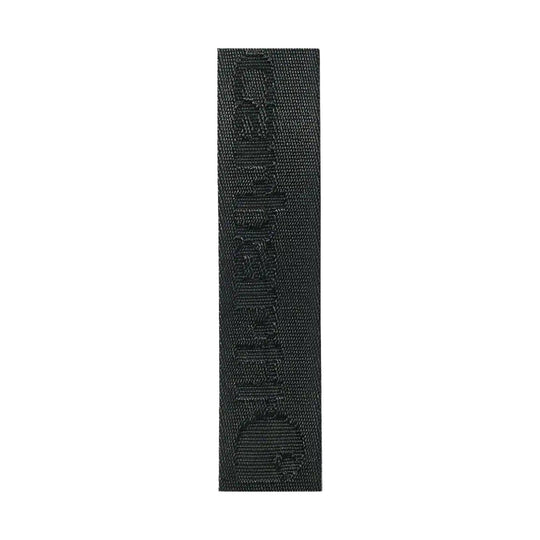 Black woven nylon belt strap with vertical embossed branding