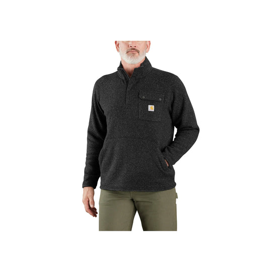 Dark heather quarter-zip pullover with chest pocket and front pouch pocket