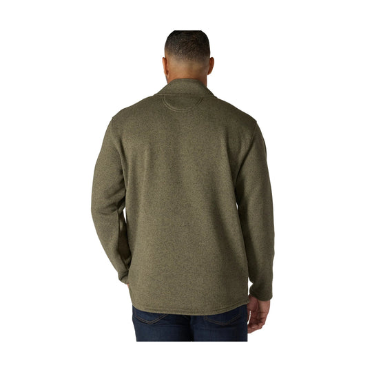 Olive fleece pullover with a stand collar, long sleeves, and a relaxed fit, shown from the back