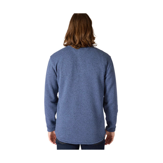 Blue long-sleeve pullover sweater shown from the back