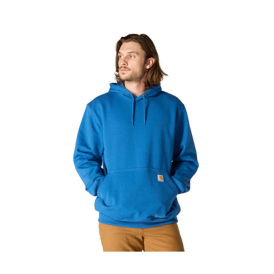Blue pullover hoodie with front kangaroo pocket and small Carhartt logo patch