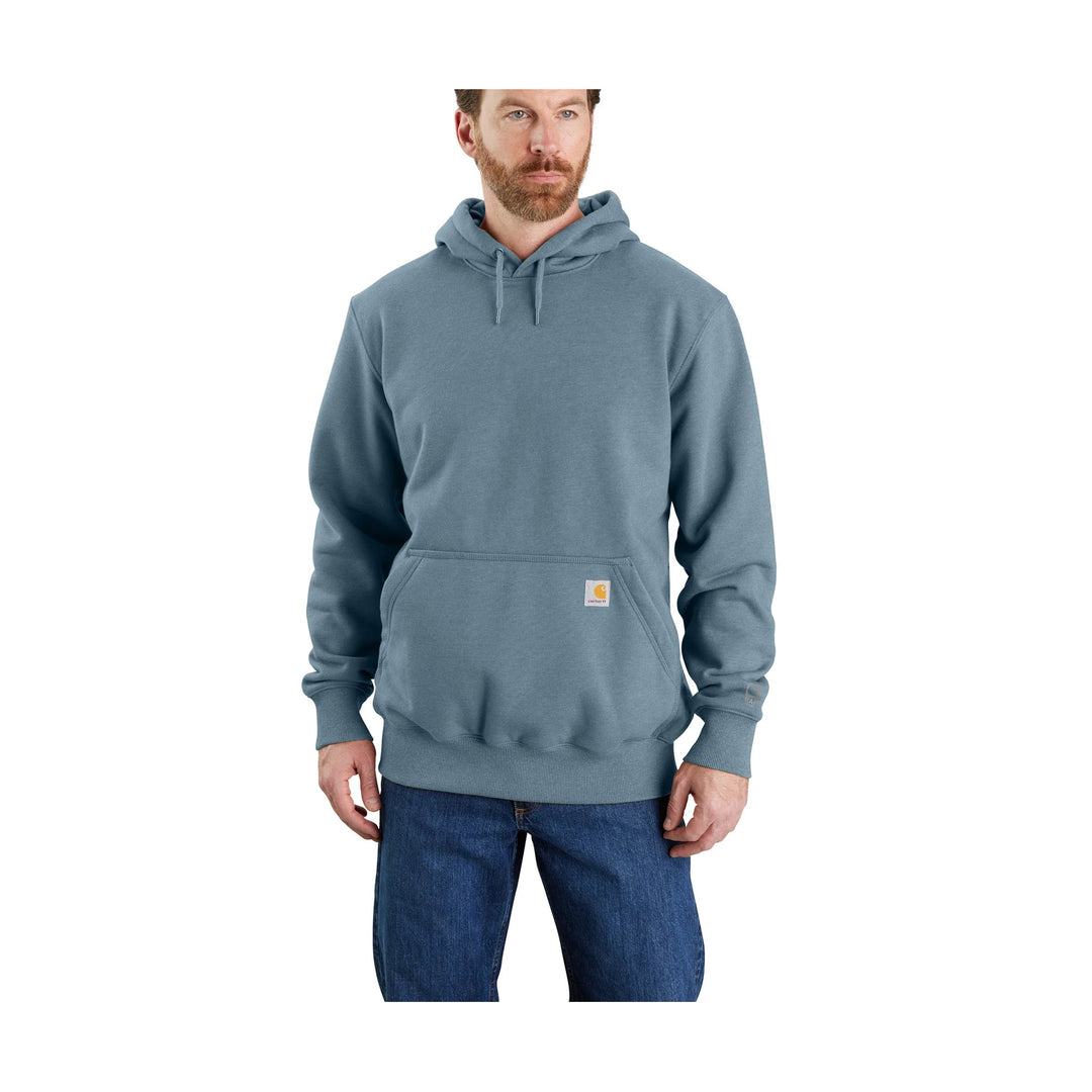 Blue-gray pullover hoodie with front pouch pocket and small Carhartt patch