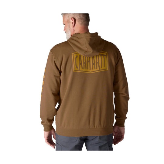 Brown hooded sweatshirt shown from the back with a large logo graphic on the upper back and sleeve text