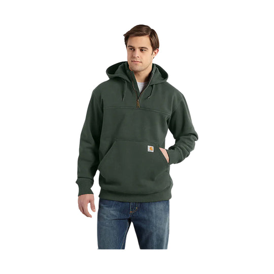Dark green hooded quarter-zip sweatshirt with front kangaroo pocket and small chest logo patch