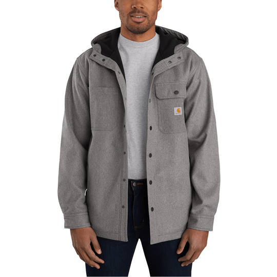 Gray hooded shirt jacket with black hood lining, flap chest pockets, and snap front closure