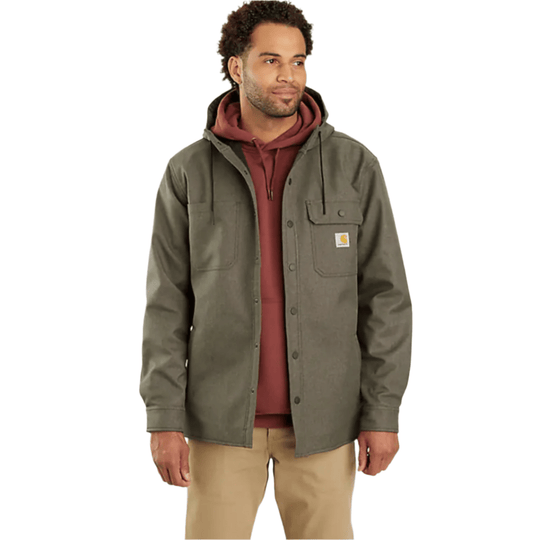 Olive hooded shirt jacket worn over a maroon hoodie, with chest pockets and a small logo patch