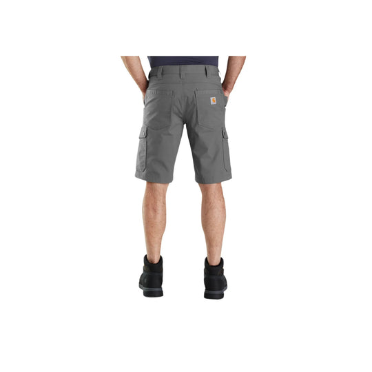 Gray cargo work shorts shown from the back, with utility pockets and a logo patch on the right pocket.