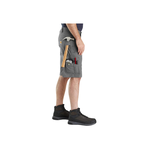 Gray cargo work shorts shown in side view with multiple pockets and a hammer loop