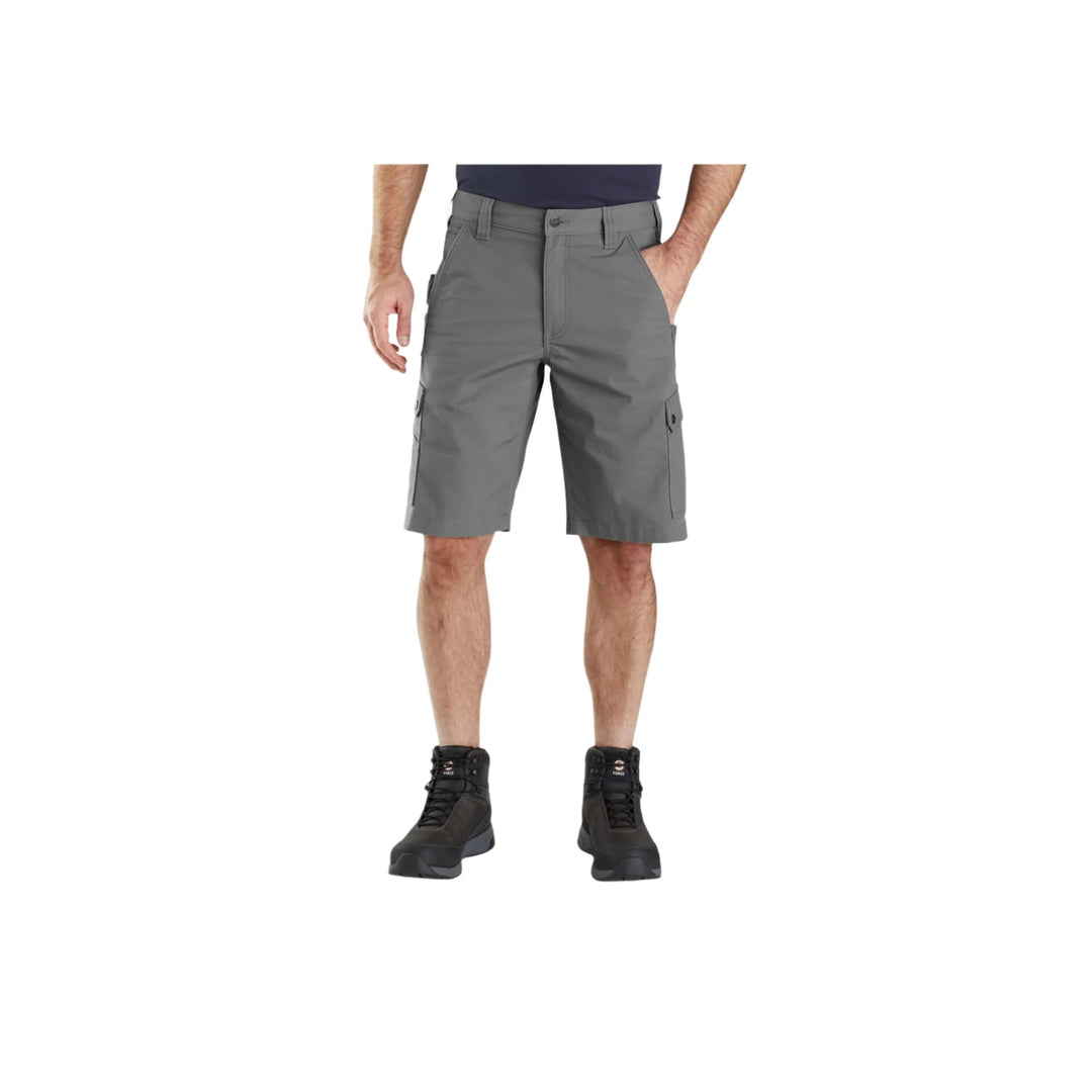 Gray cargo work shorts shown on a model, front view, with side flap pockets.