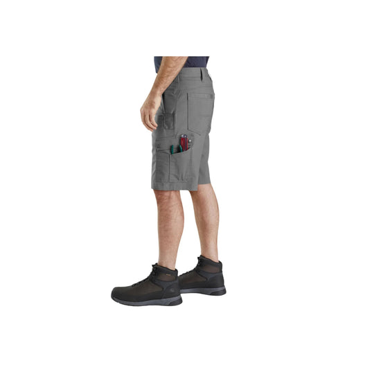 Gray cargo work shorts worn with black work boots, side view