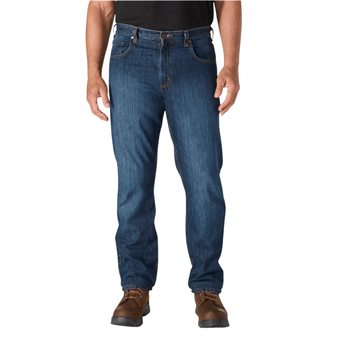 Blue relaxed-fit straight-leg jeans worn with a black shirt and brown work boots