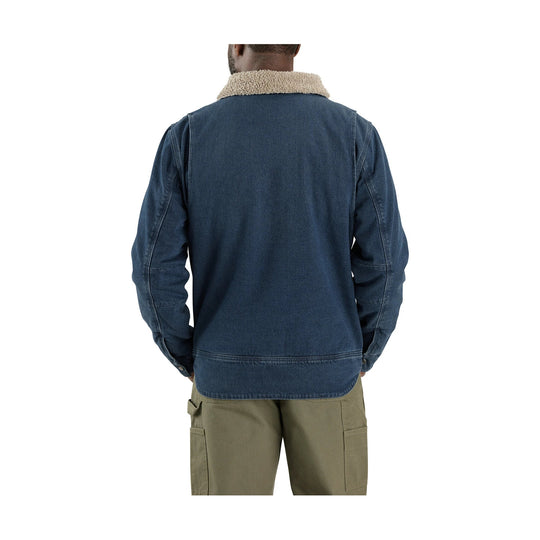 Dark denim jacket with sherpa collar, shown from the back