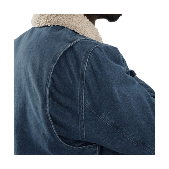 Dark blue denim jacket with cream sherpa collar, shown from the back and shoulder