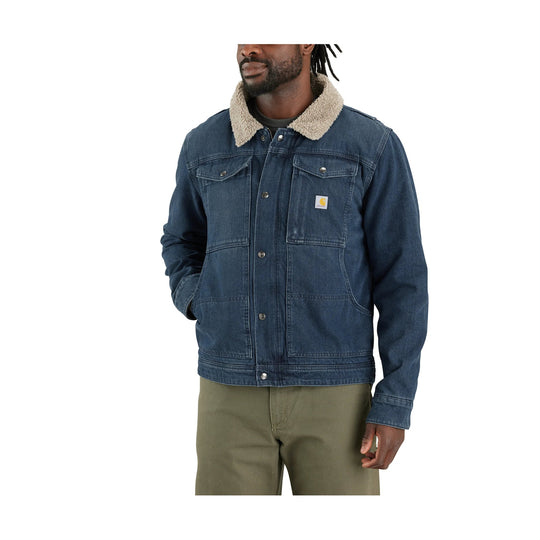 Dark denim jacket with sherpa collar, flap chest pockets, and button front