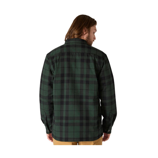 Green and black plaid long-sleeve button-up shirt shown from the back