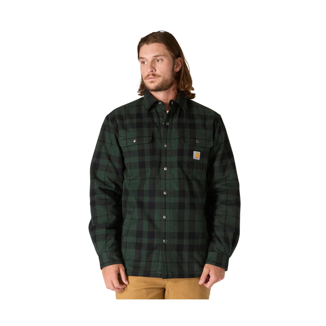 Black and dark green plaid button-up shirt jacket with chest pockets and logo patch